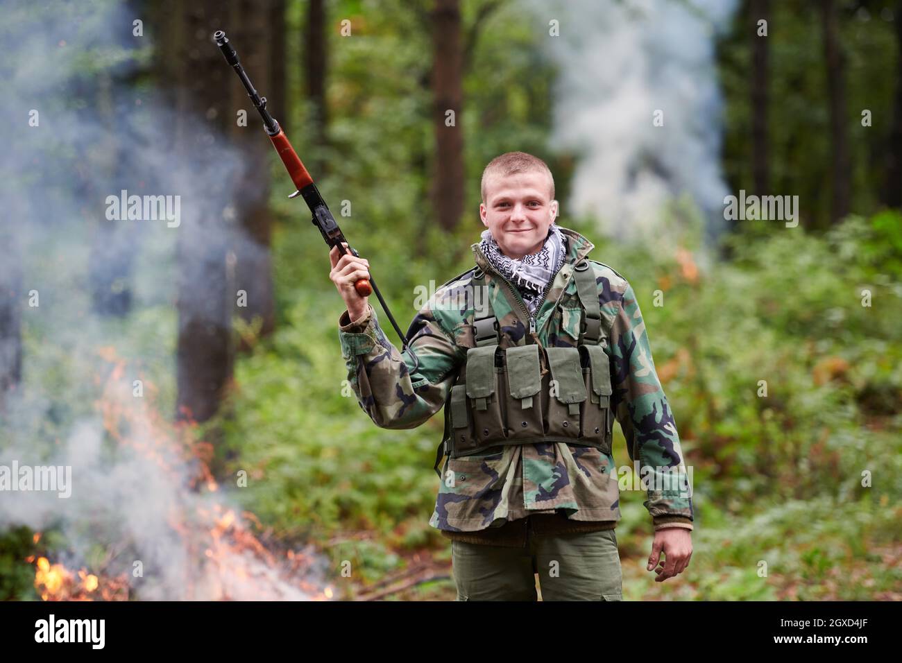 angry terrorist militant guerrilla soldier warrior in forest Stock ...