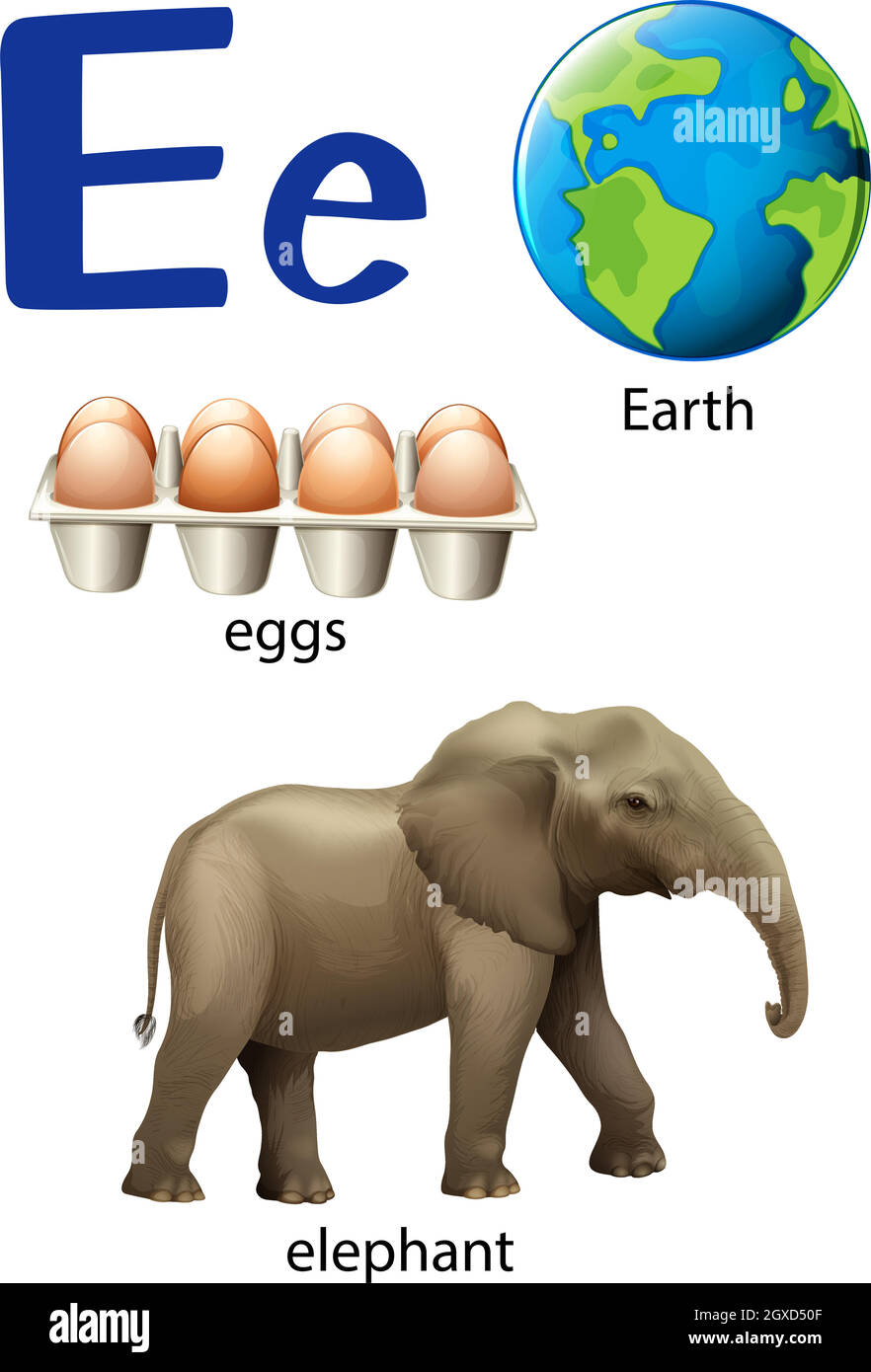 Letter E for Earth, eggs and elephant Stock Vector