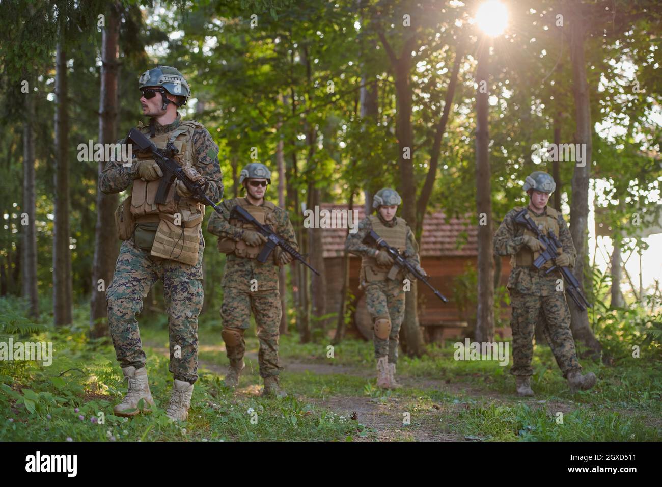 Modern warfare Soldiers Squad Running as Team in Battle Formation Stock ...