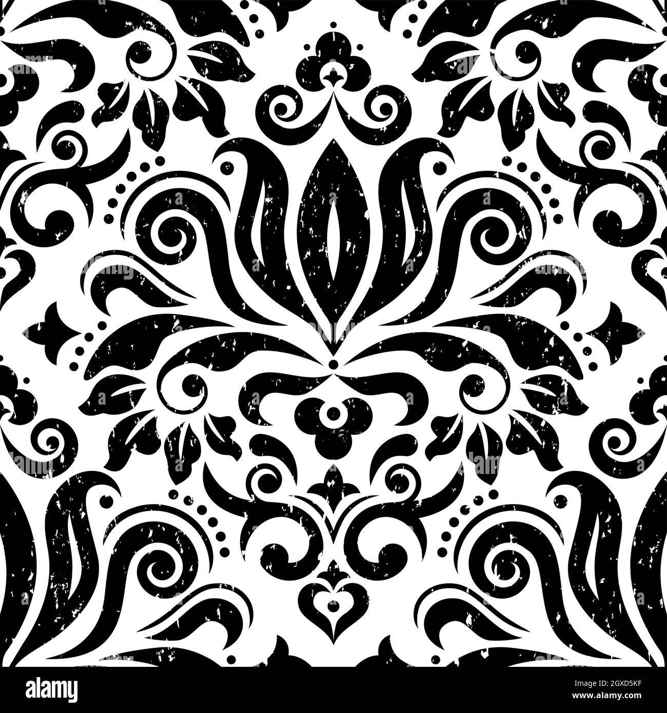 Retro Damask wallpaper or fabric print vector seamless pattern in black, scratched textile vector design with flowers, leaves and swirls Stock Vector