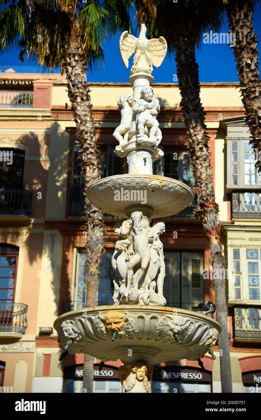 Fountain in Plaza de la Constitution, Constitution square, Malaga, Andalusia,Spain. Stock Photo