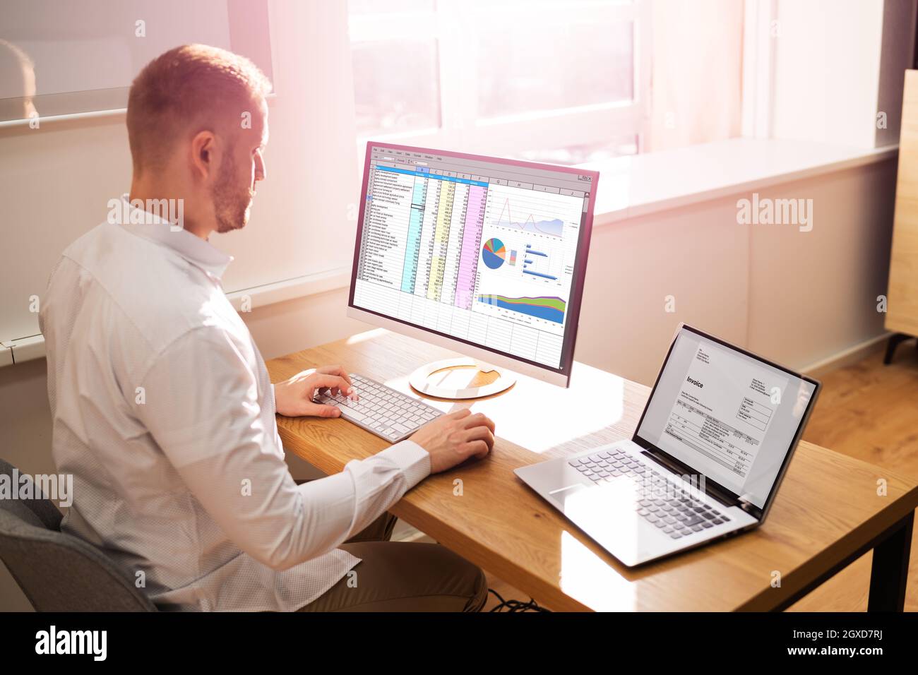 Spreadsheet Analyst Employee Worker. Medical Report On Computer Stock Photo
