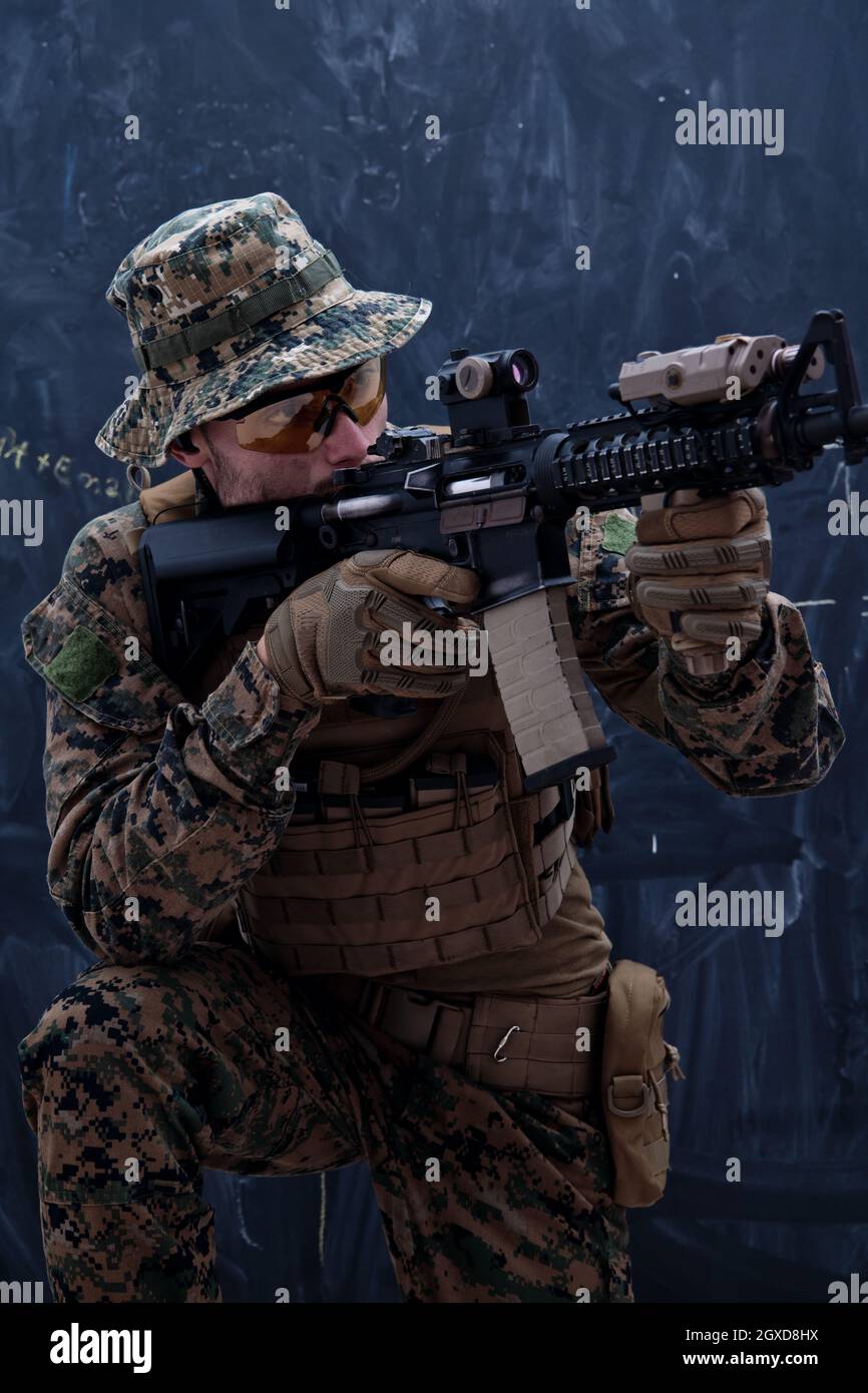 modern warfare american marines soldier in action while sneaking and ...
