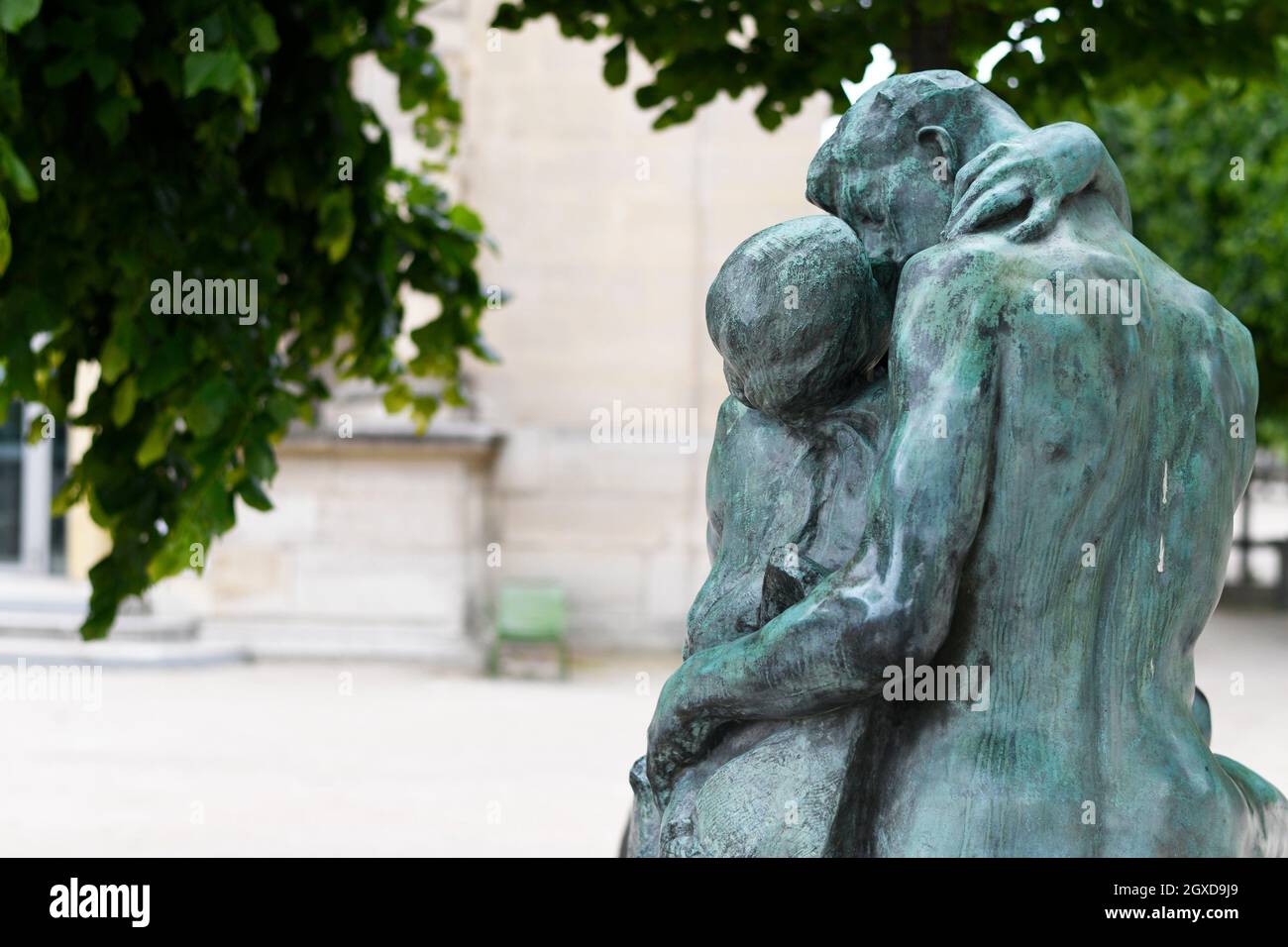 The Kiss, marble sculpture by Rodin, outside the Musee de l'Orangerie in the Tuileries Gardens, Paris, France. Stock Photo