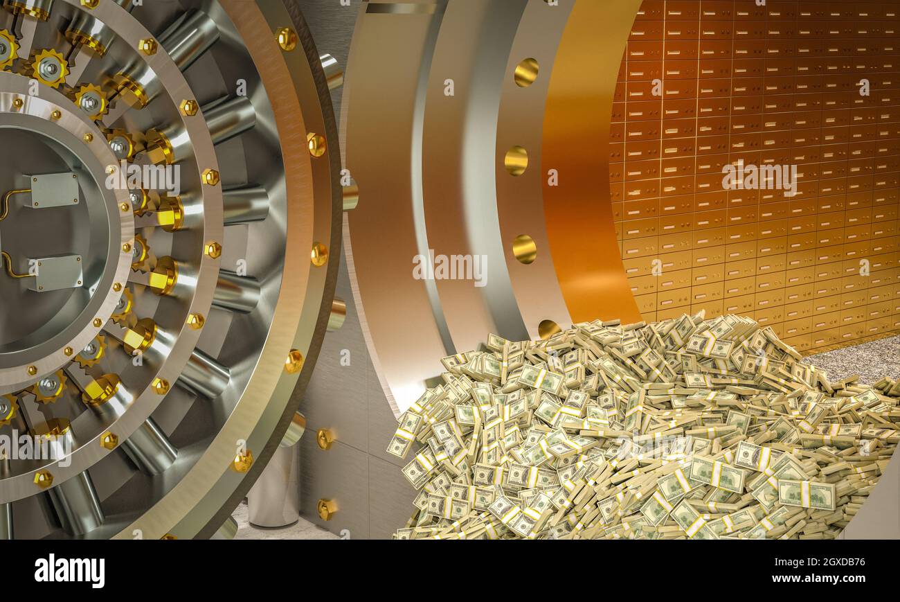 bank vault from which wads of dollars come out. 3d render Stock Photo