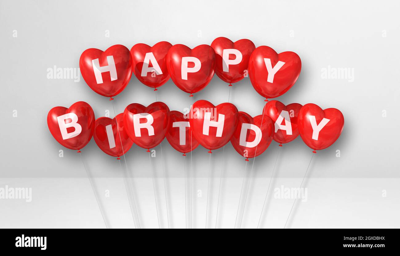 Red happy birthday heart shape air balloons on a white background scene ...
