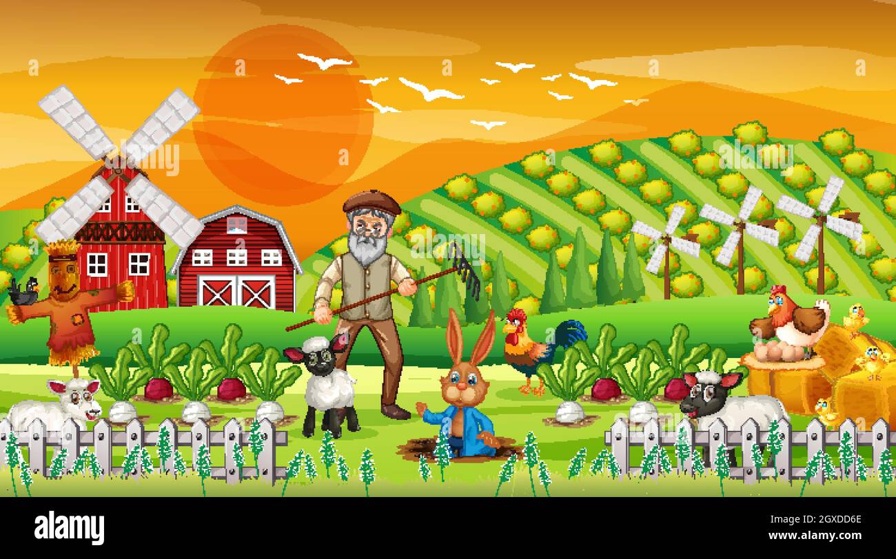 Farm at sunset time scene with old farmer man and farm animals ...