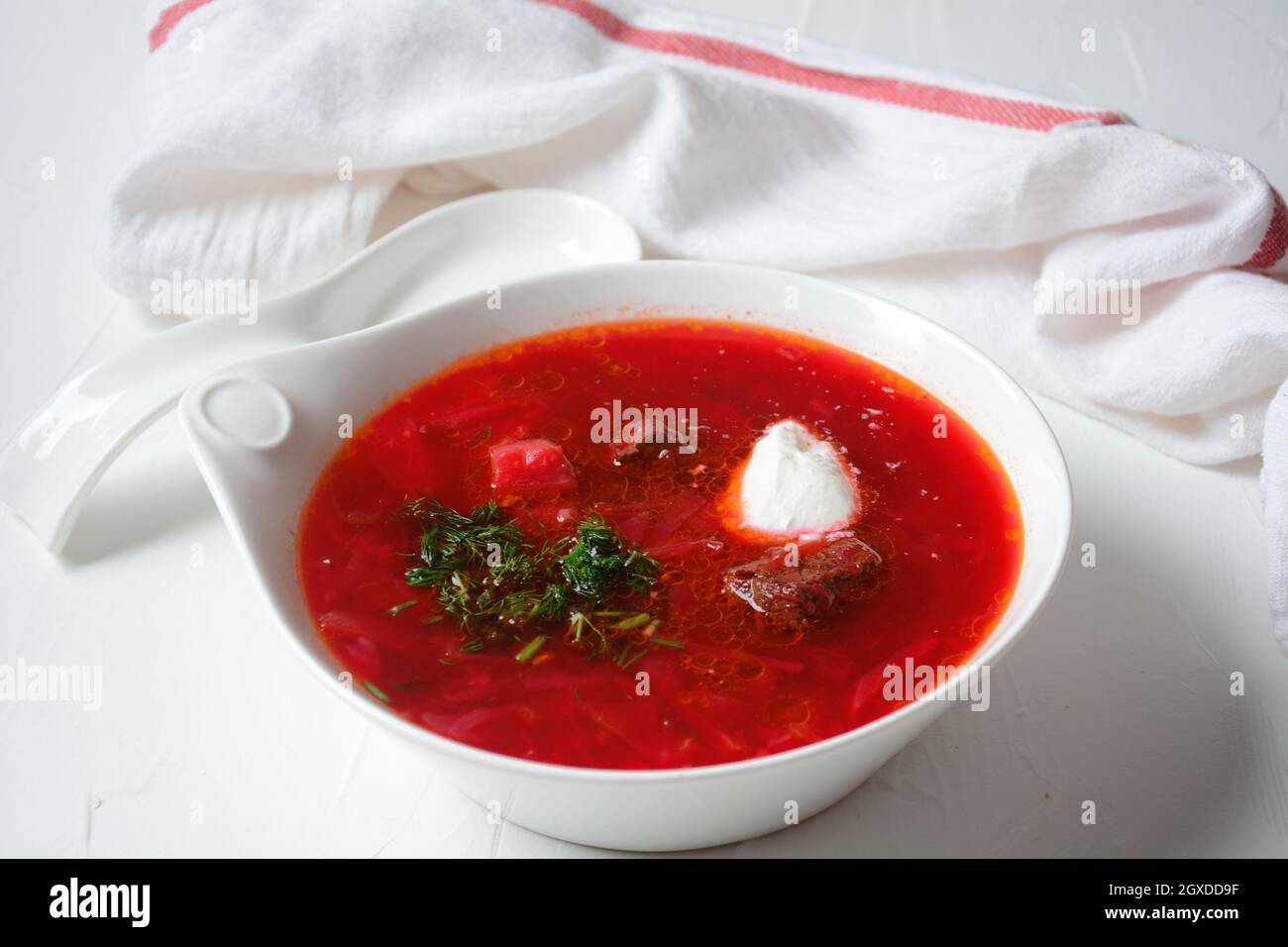 Traditional Ukrainian Russian borscht . Bowl of red beet root soup ...