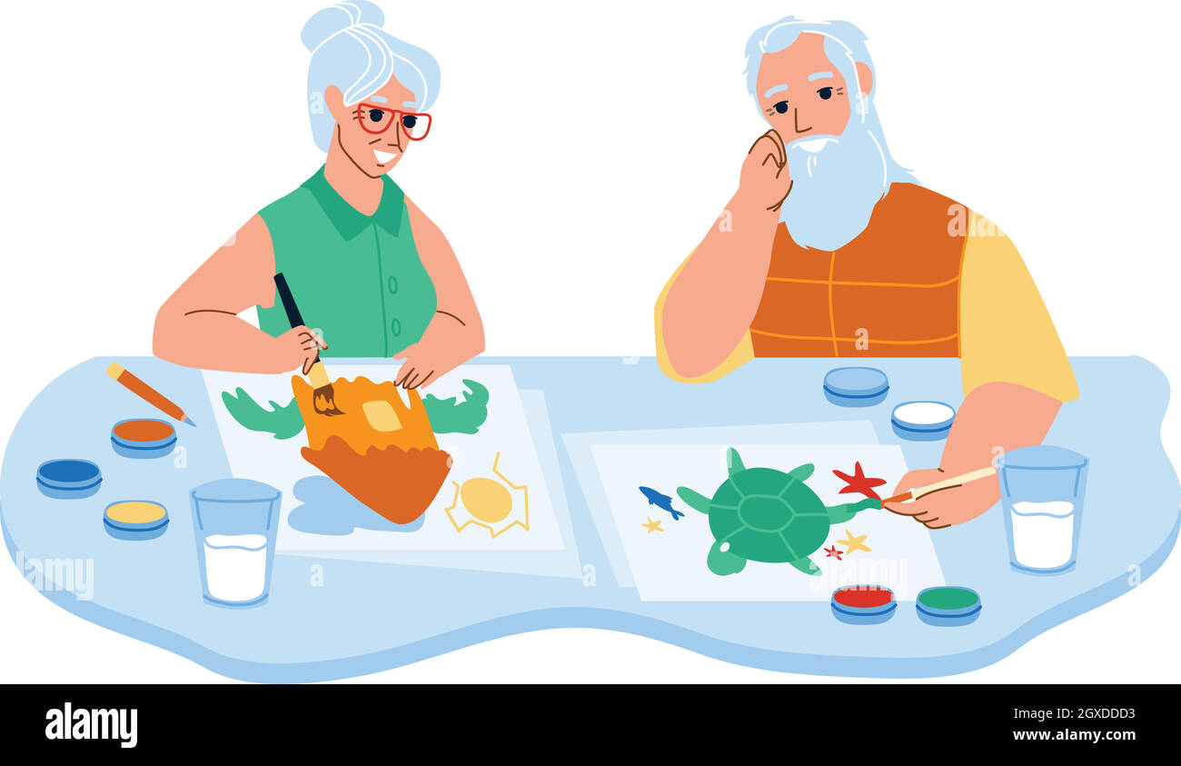 Senior Man And Woman Painting In Art Class Vector Stock Vector
