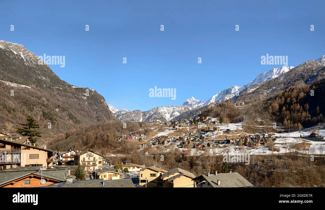 view of small touristic village, shot in bright winter light at Caspoggio,  Valtellina, Lombardy, Italy Stock Photo