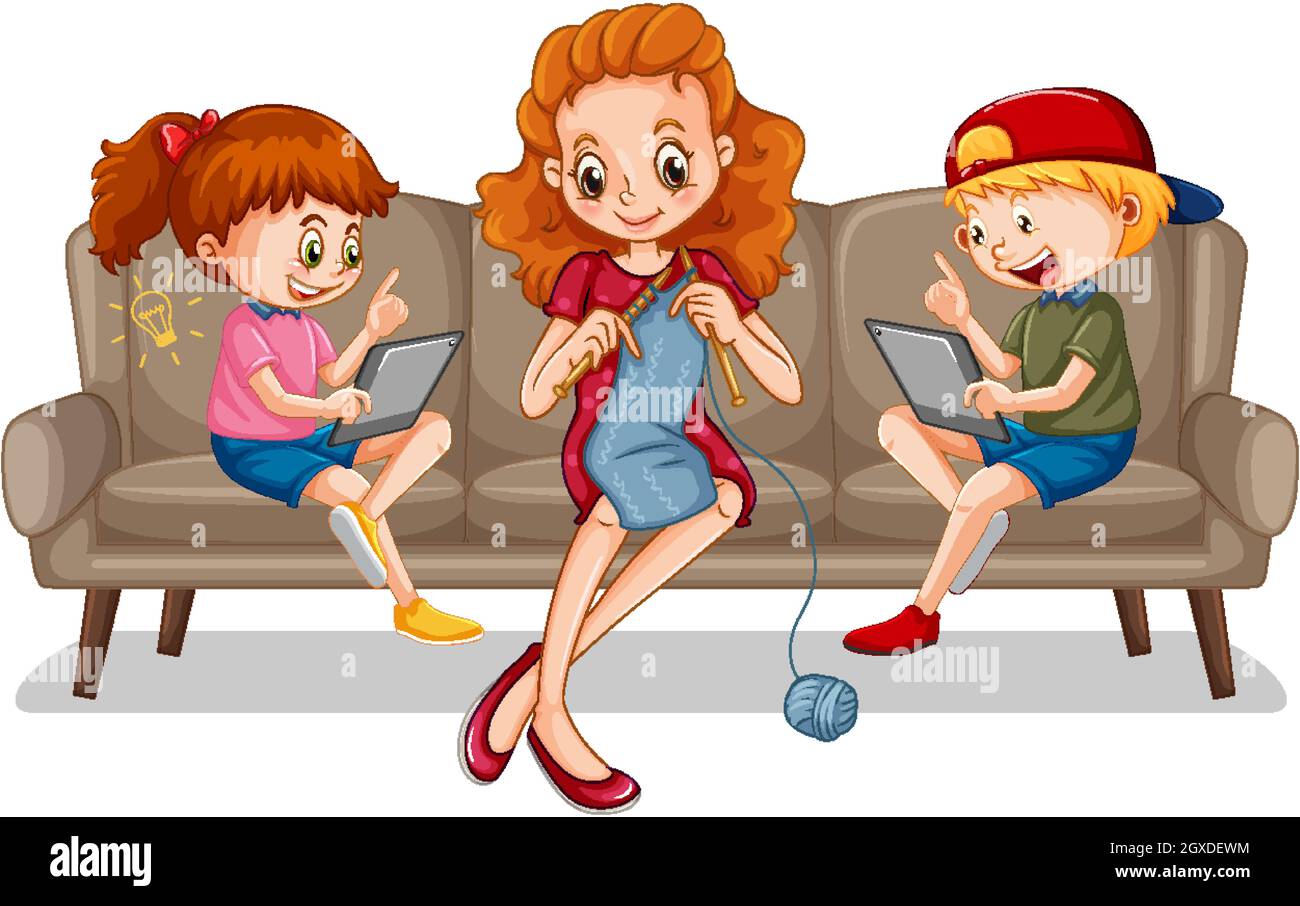Children learning from home on electronic device illustration Stock Vector