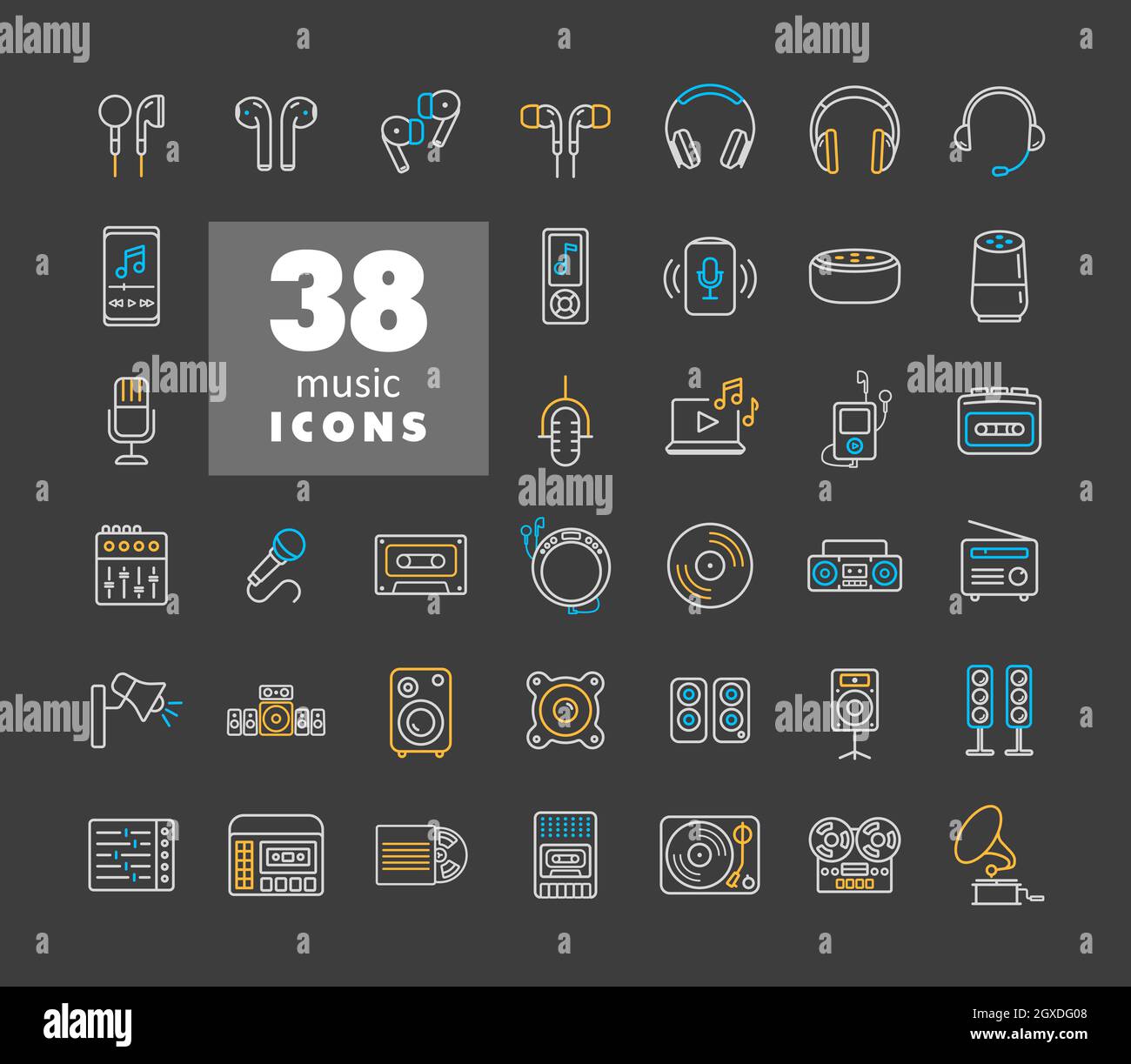 Multimedia devices and symbols icons set on dark background. Graph ...