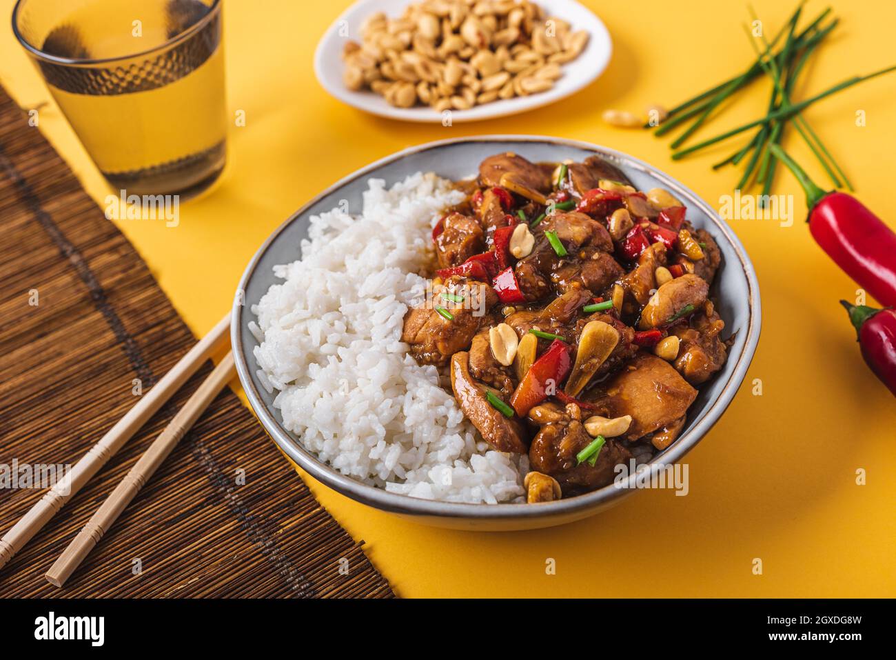 From above composition bowl with kung pao chicken with white rice