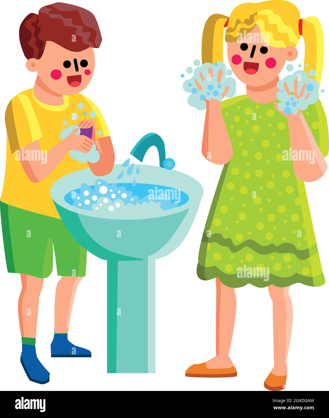 Boy And Girl Washing Soapy Hands In Sink Vector Stock Vector