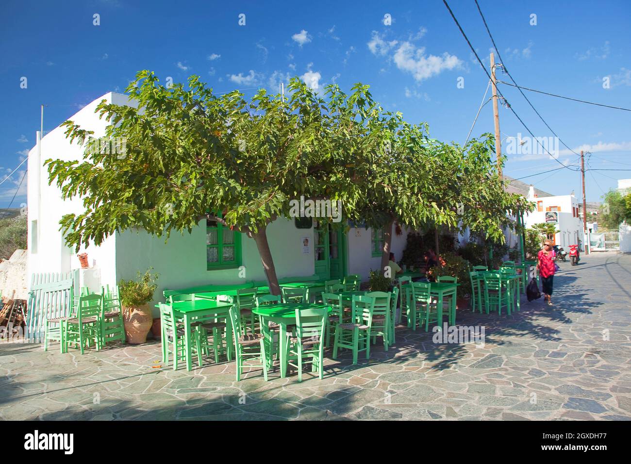 View to a traditional cafe in Artemonas village, Sifnos Island ...