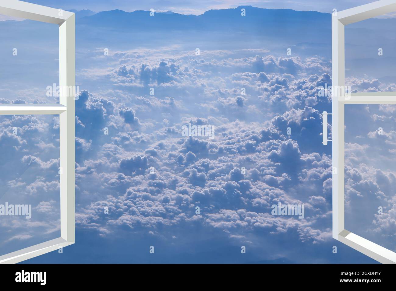 Window of room overlooking blue sky with white clouds. Opened window ...