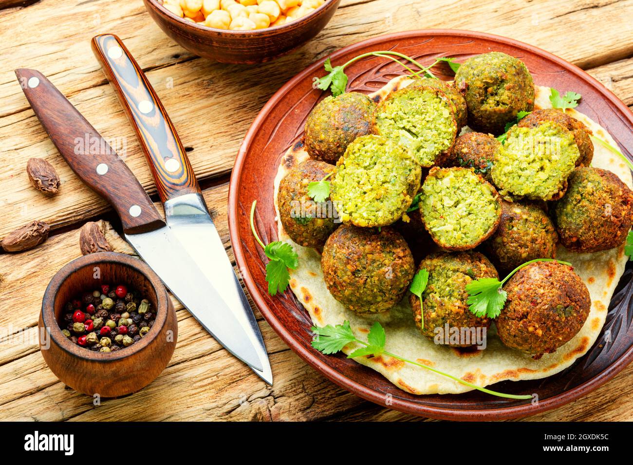 Falafel deepfried balls made from chopped legumes or chickpeas Stock