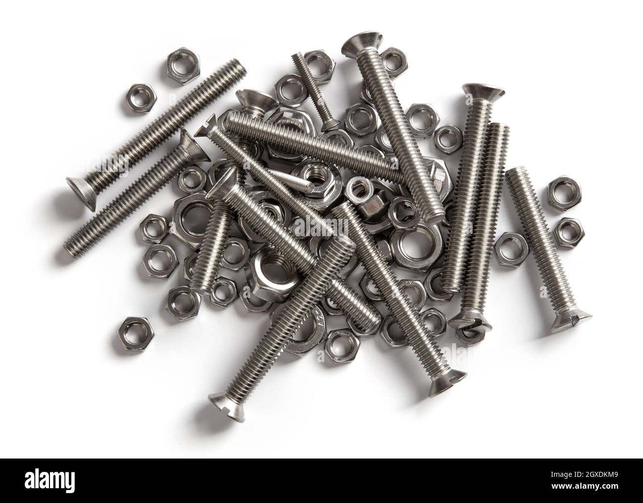 Nuts and bolts on white background Stock Photo