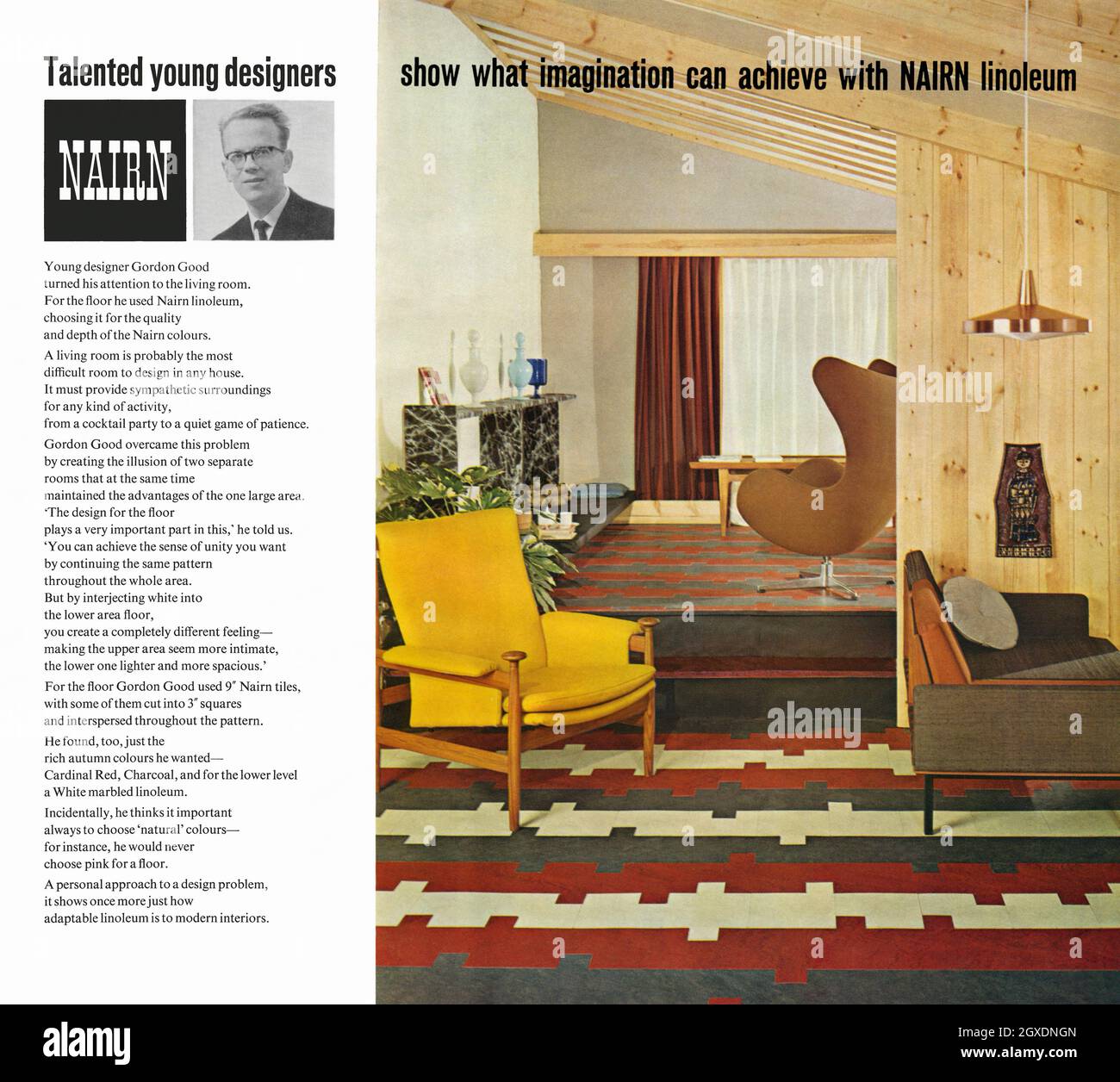 A 1960s advert for Nairn linoleum (lino) from the company based in Kirkaldy, Fife, Scotland, UK. The advert appeared in a magazine published in the UK in October 1962. The photograph shows a patterned lino-tile design on the floor of a mid-century living-room. The designer, Gordon Good, is also photographed. Linoleum, more commonly lino, is a floor covering made from natural materials. Kirkcaldy becoming a significant producer, with seven factories in the town. Nairn’s works began making linoleum in 1877 and it now claims to be the largest producer in the world – vintage 1960s graphics. Stock Photo