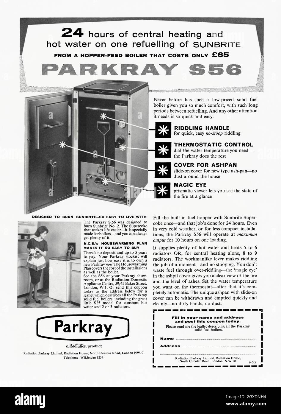 A 1960s advert for a Parkray solid-fuel domestic boiler for home heating and hot water. The advert appeared in a magazine published in the UK in October 1962. The advert indicates that the hopper feeds the boiler allowing for a day between each refueling of the boiler. A photograph shows the boiler and a woman in a kitchen setting. Coke is natural coal which has been heated in a closed container so that the oily and smoky matter is driven off. Hard metallurgical smokeless cokes (like 'Sunbrite' mentioned in this advert) are extremely clean burning – vintage 1960s graphics. Stock Photo