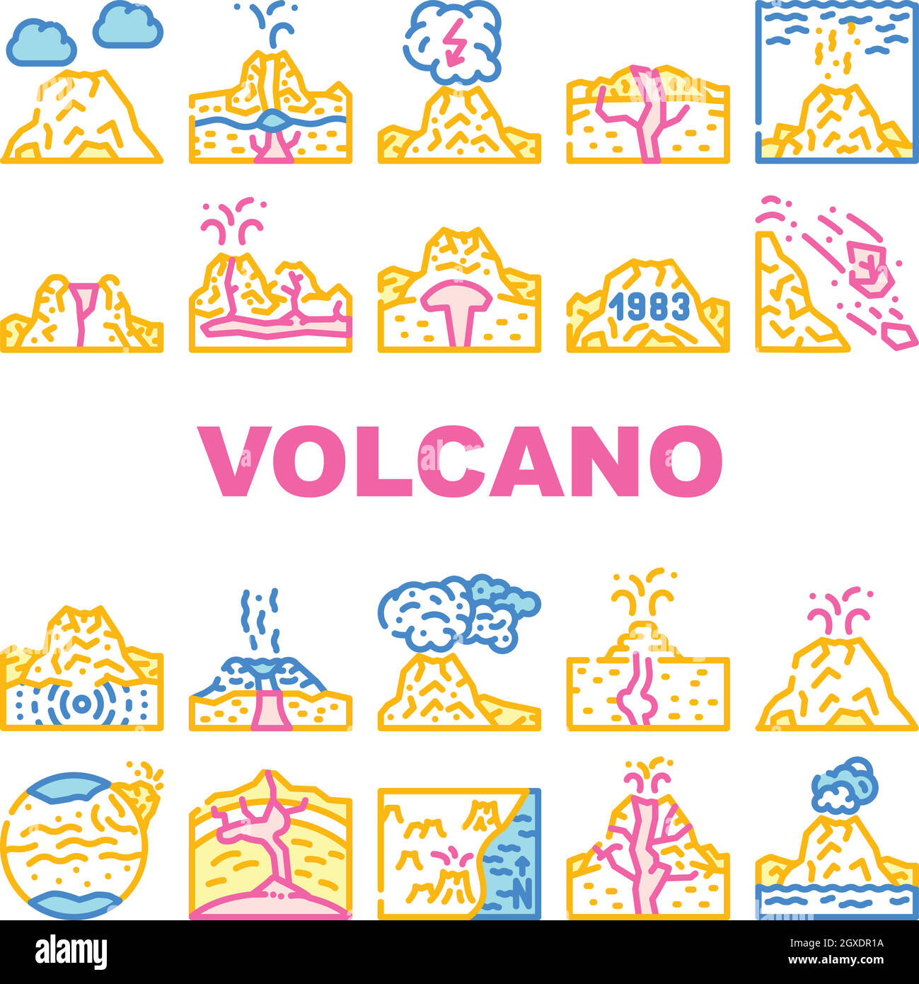 Volcano Lava Eruption Collection Icons Set Vector Stock Vector