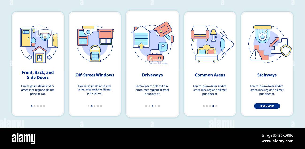 Security cameras placement onboarding mobile app page screen Stock Vector
