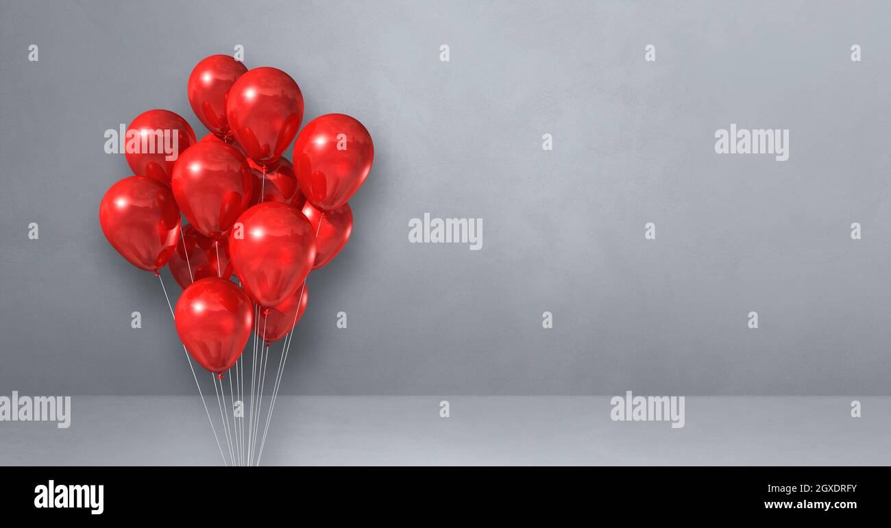 Red balloons bunch on a grey wall background. Horizontal banner. 3D ...