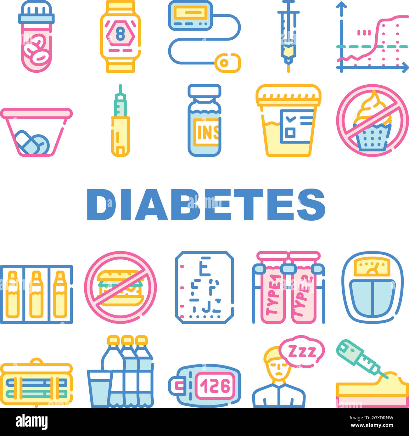 Diabetes Ill Treatment Collection Icons Set Vector Stock Vector Image ...