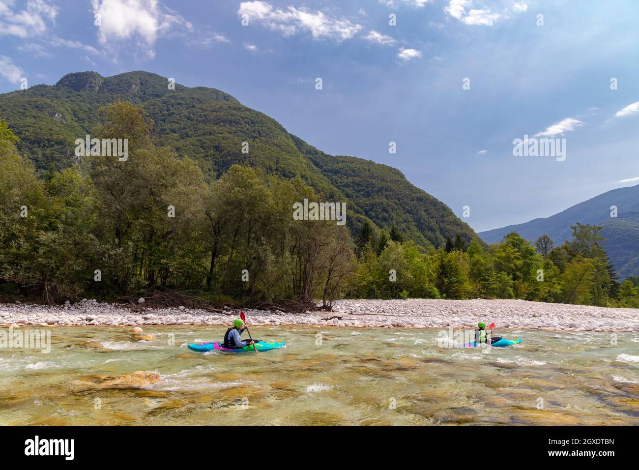 Kayakers on Soca river, Slovenia Stock Photo