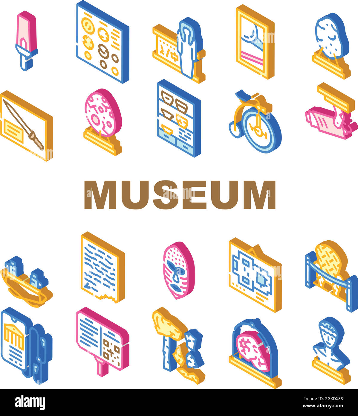 Museum Exhibits And Excursion Icons Set Vector Stock Vector