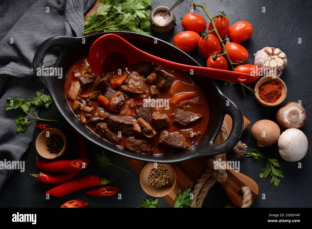 Beef Bourguignon in a pan. Stew with red wine ,carrots, onions, garlic, a bouquet garni, and