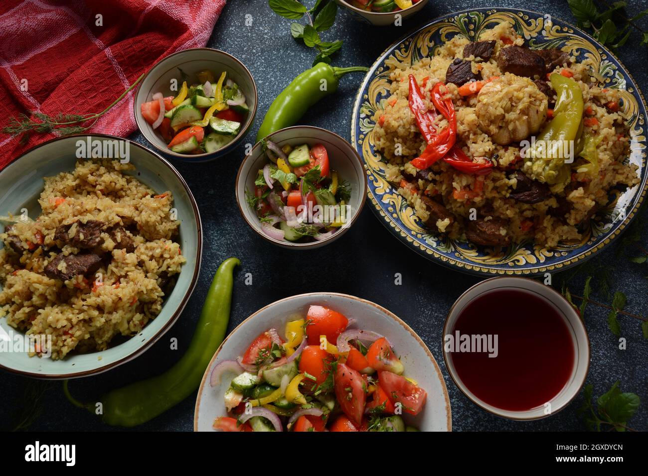 Uzbek cuisine (food) pilaf (plov), salad achichuk (achuchuk).Mutton