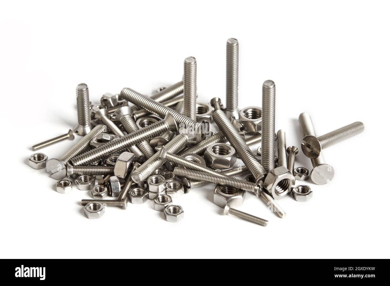 Nuts and bolts on white background Stock Photo