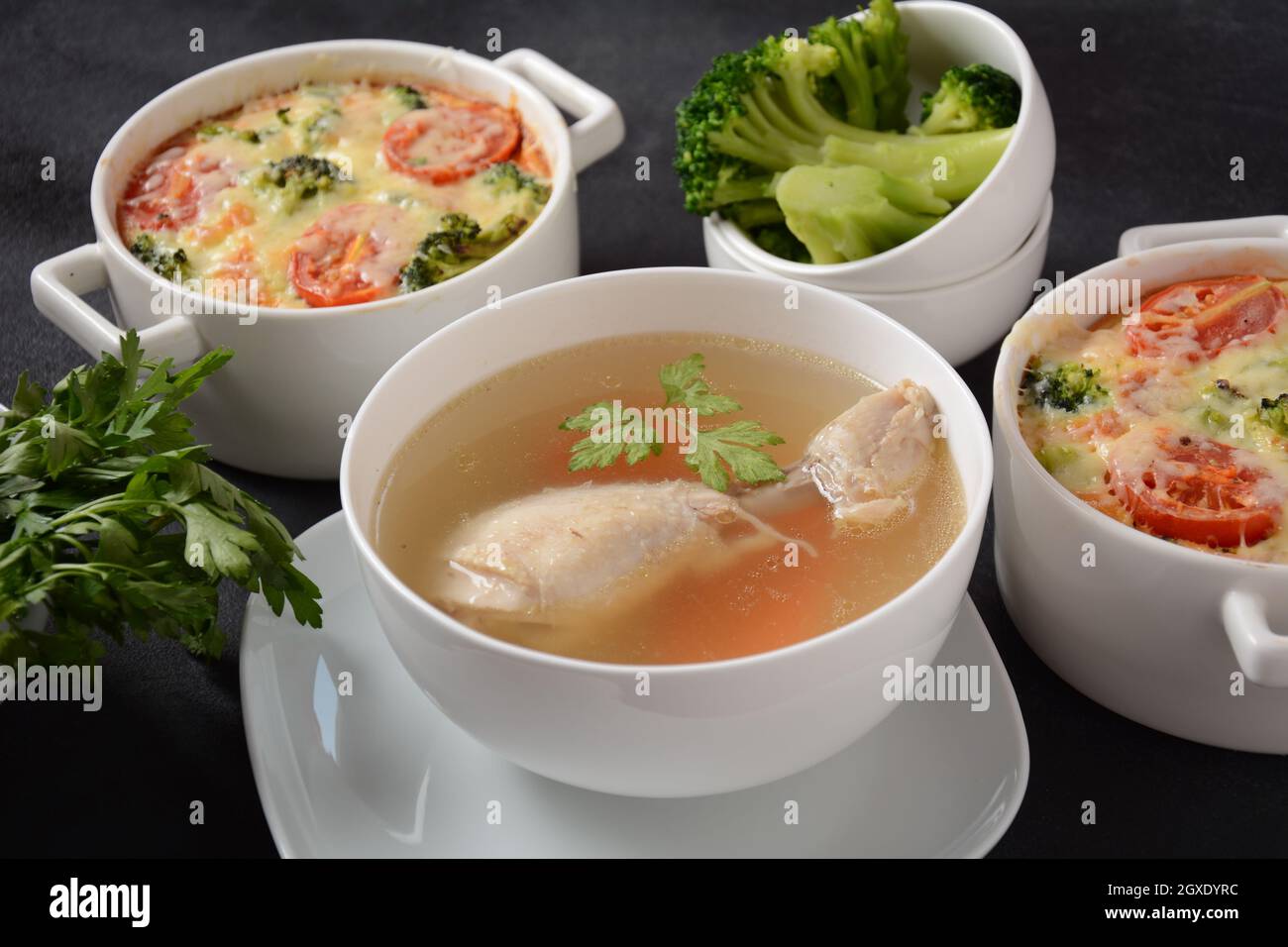 Chicken bouillon broth, boiled meat chicken leg Stock Photo Alamy