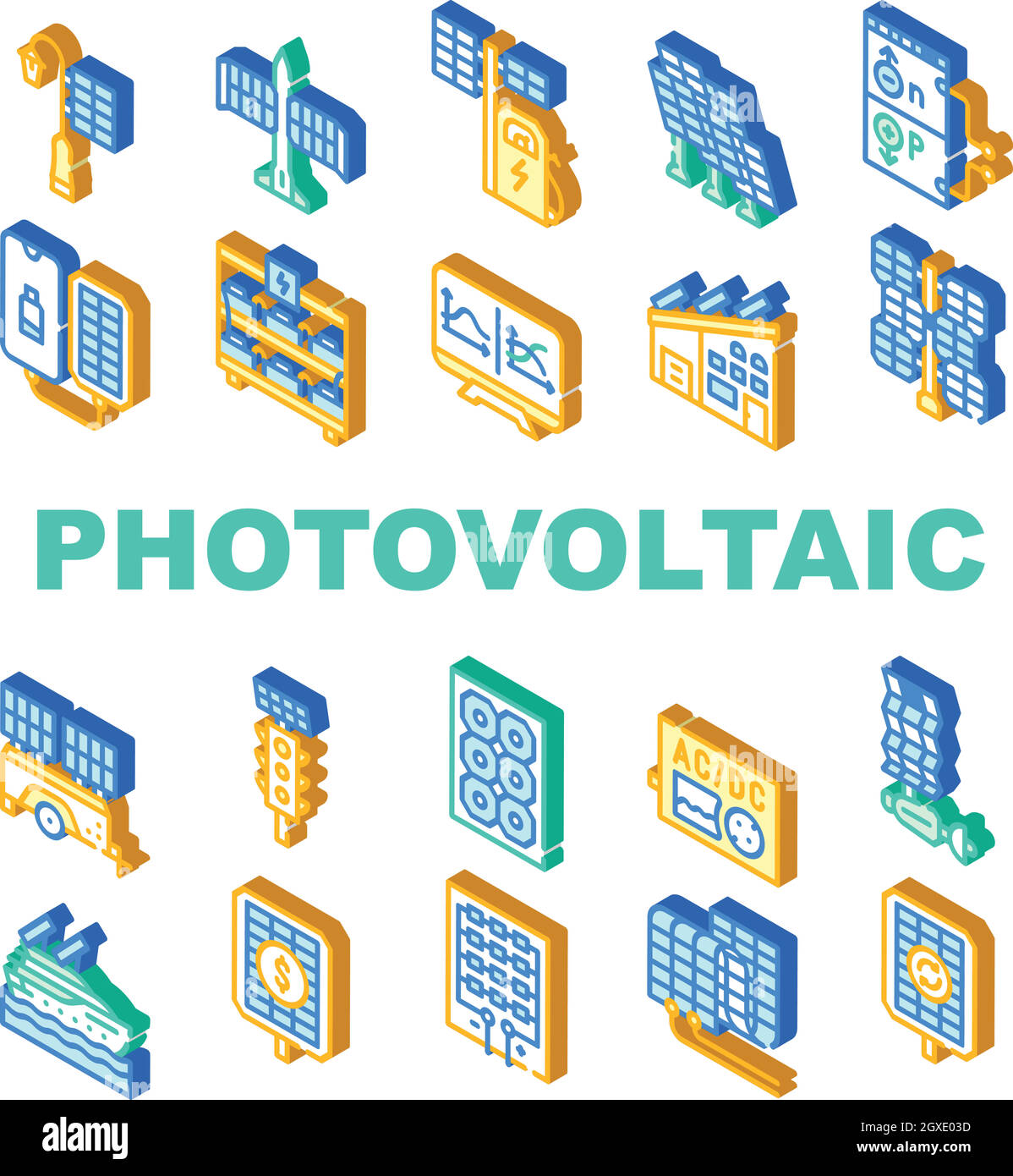 Photovoltaic Energy Collection Icons Set Vector Illustrations Stock Vector