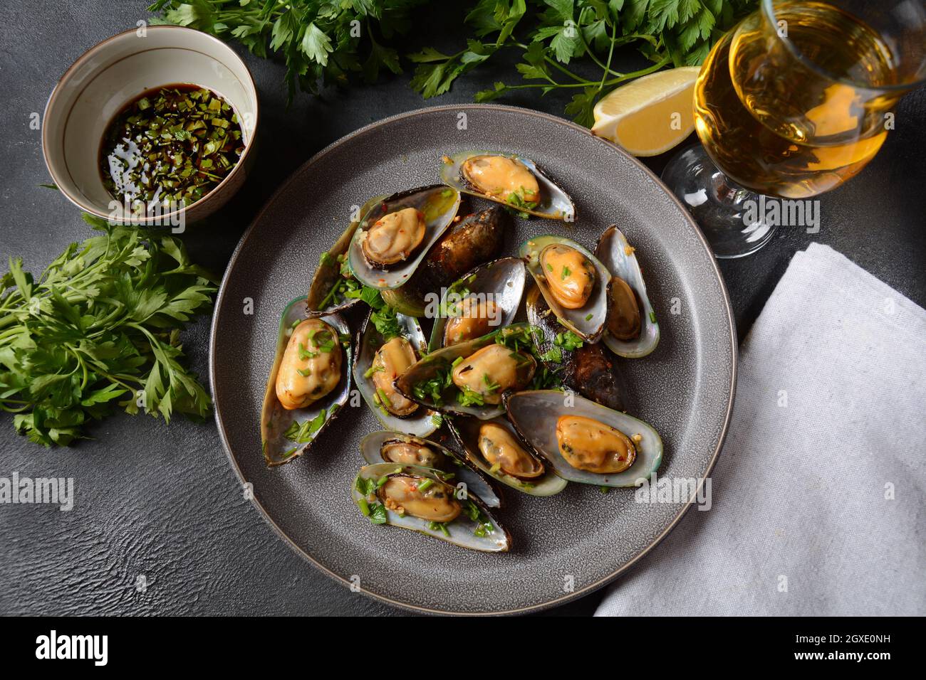 Classic French meal Moules marinière Marinara mussels with garlic