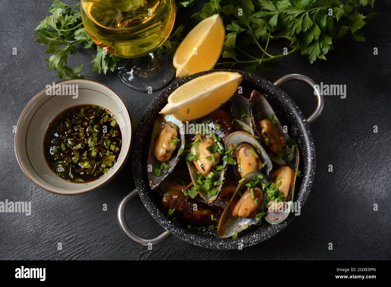 Classic French meal Moules marinière Marinara mussels with garlic