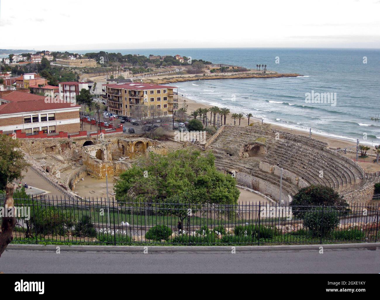 The Spanish city of Tarragona: the Roman amphitheatre taken from the Parc de les Granotes Stock Photo