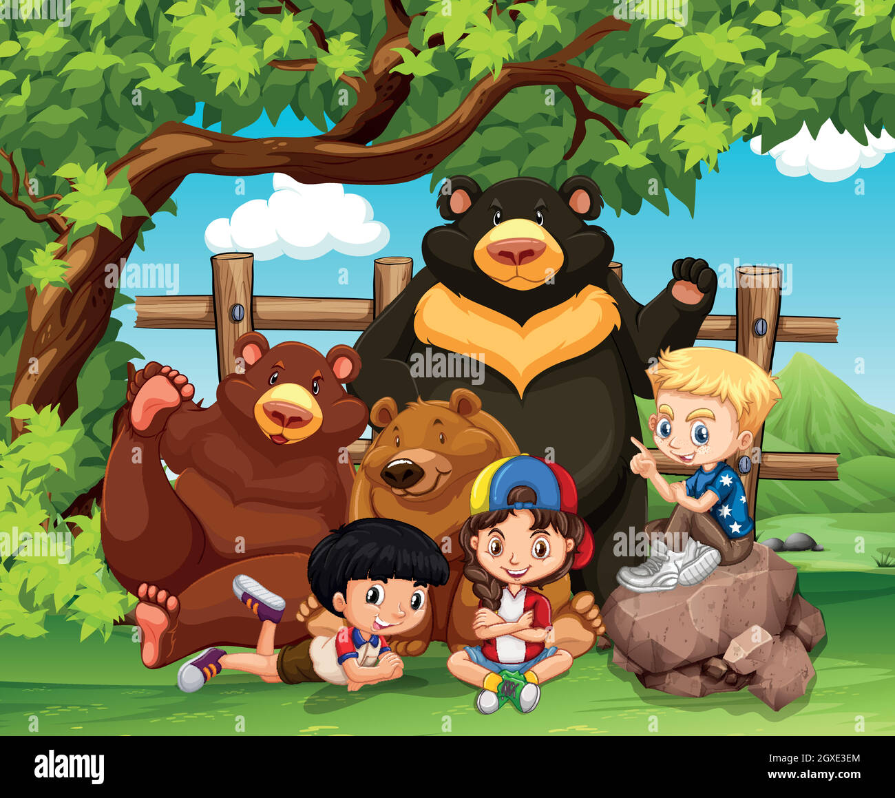 Children and wild bears together Stock Vector