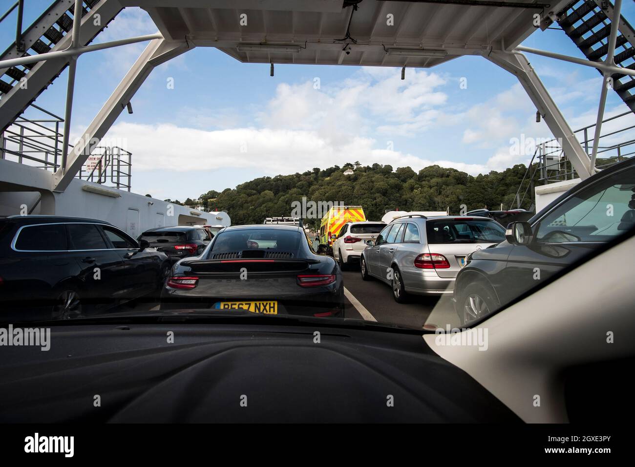 A view from onboard a car on the Dartmouth to Kingswear higher ferry Stock Photo