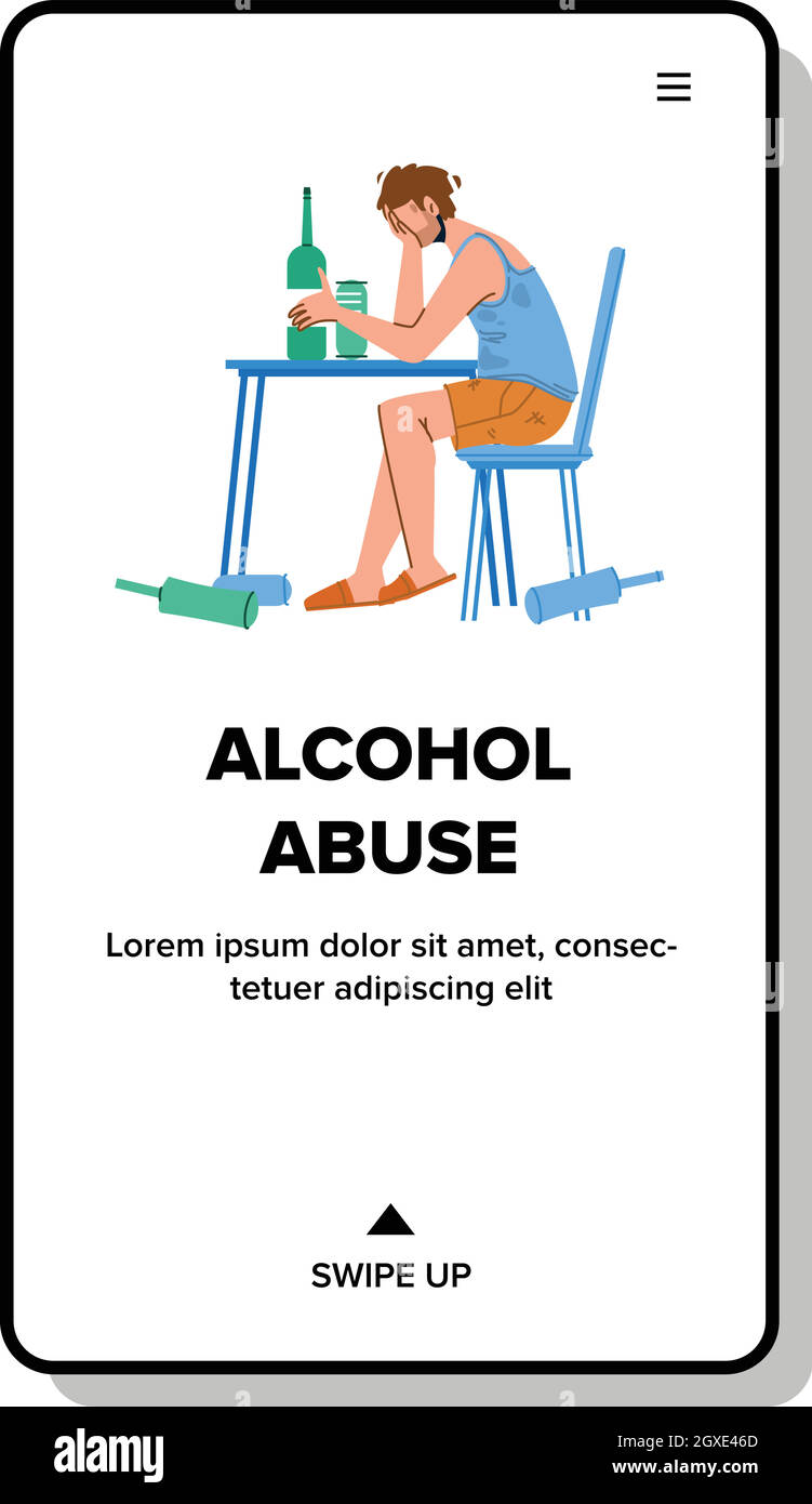 Alcohol Abuse Man Sit At Table With Drinks Vector Stock Vector