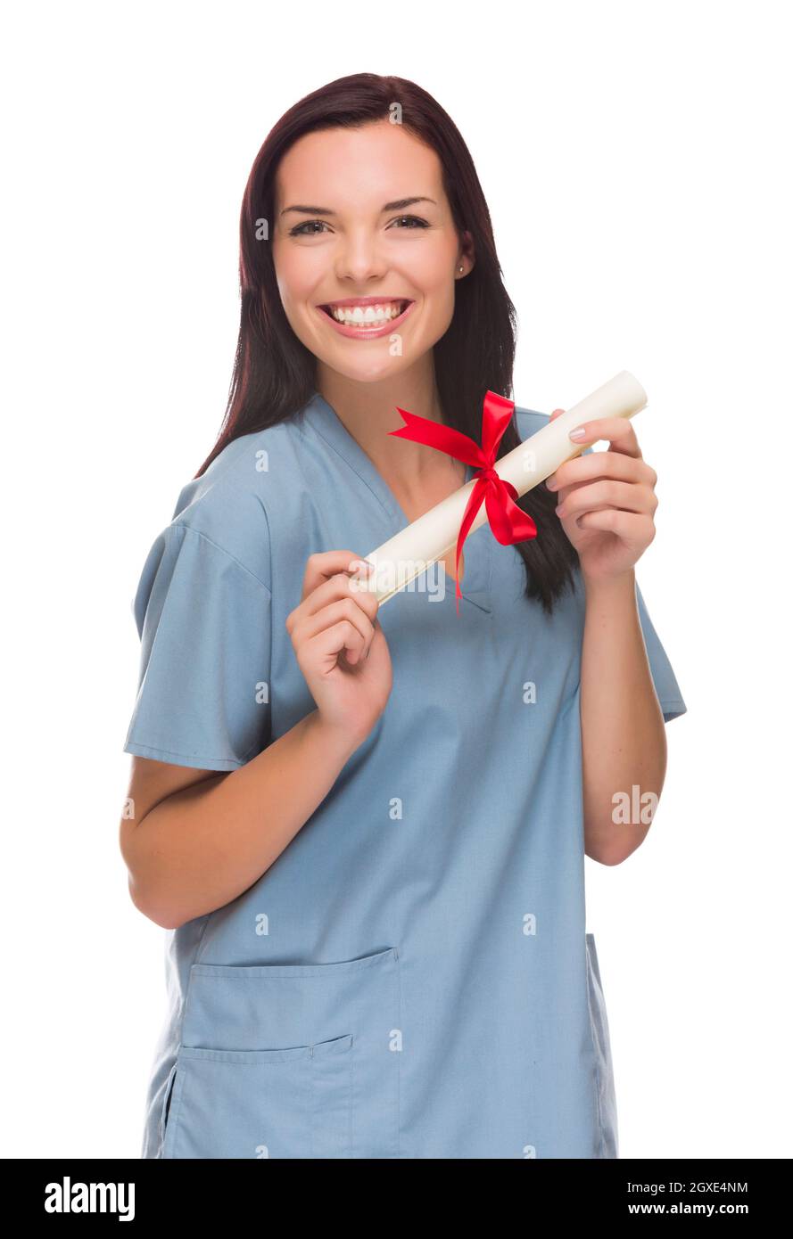 Attractive Mixed Race Female Nurse or Doctor Wearing Scrubs and Stethoscope Holding Her Diploma Isolated on a White Background. Stock Photo