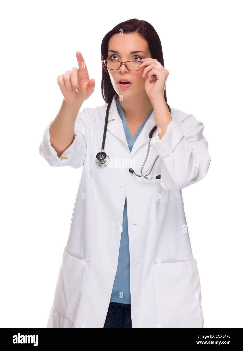 Female Doctor or Nurse Pushing Button or Pointing with Room For Your Own Button or Text Isolated on White. Stock Photo