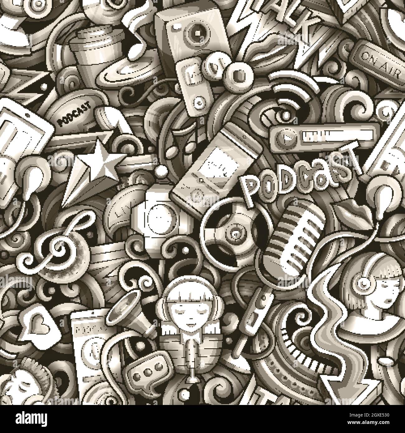 Cartoon doodles Audio content seamless pattern. Stock Vector