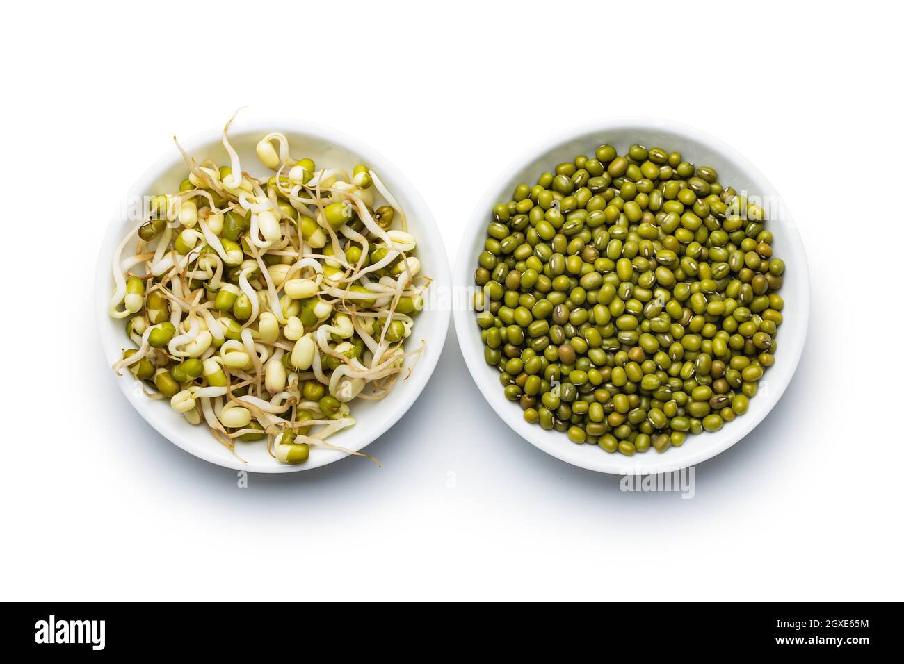 Sprouted green mung beans and dried beans. Mung sprouts isolated on