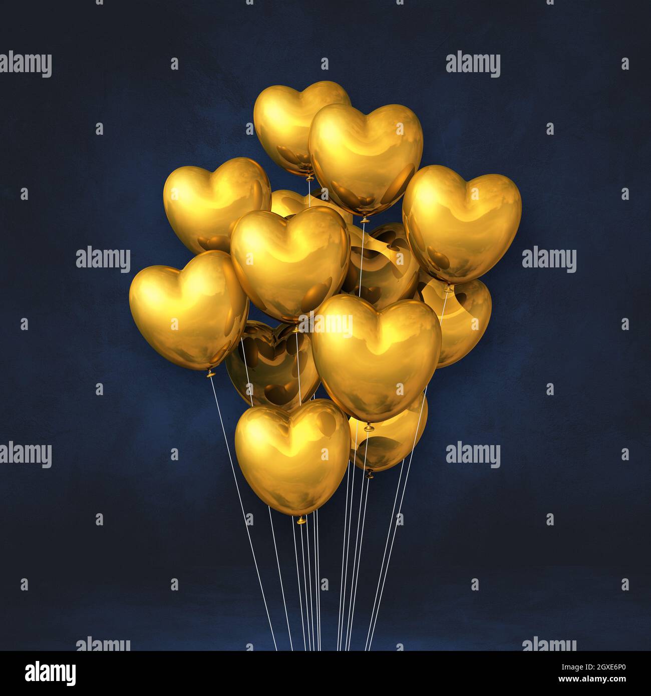 Gold heart shape balloons bunch on a black wall background. 3D ...