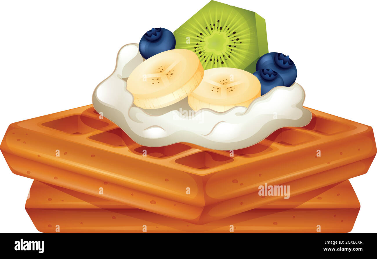 Waffle with cream and fruits Stock Vector