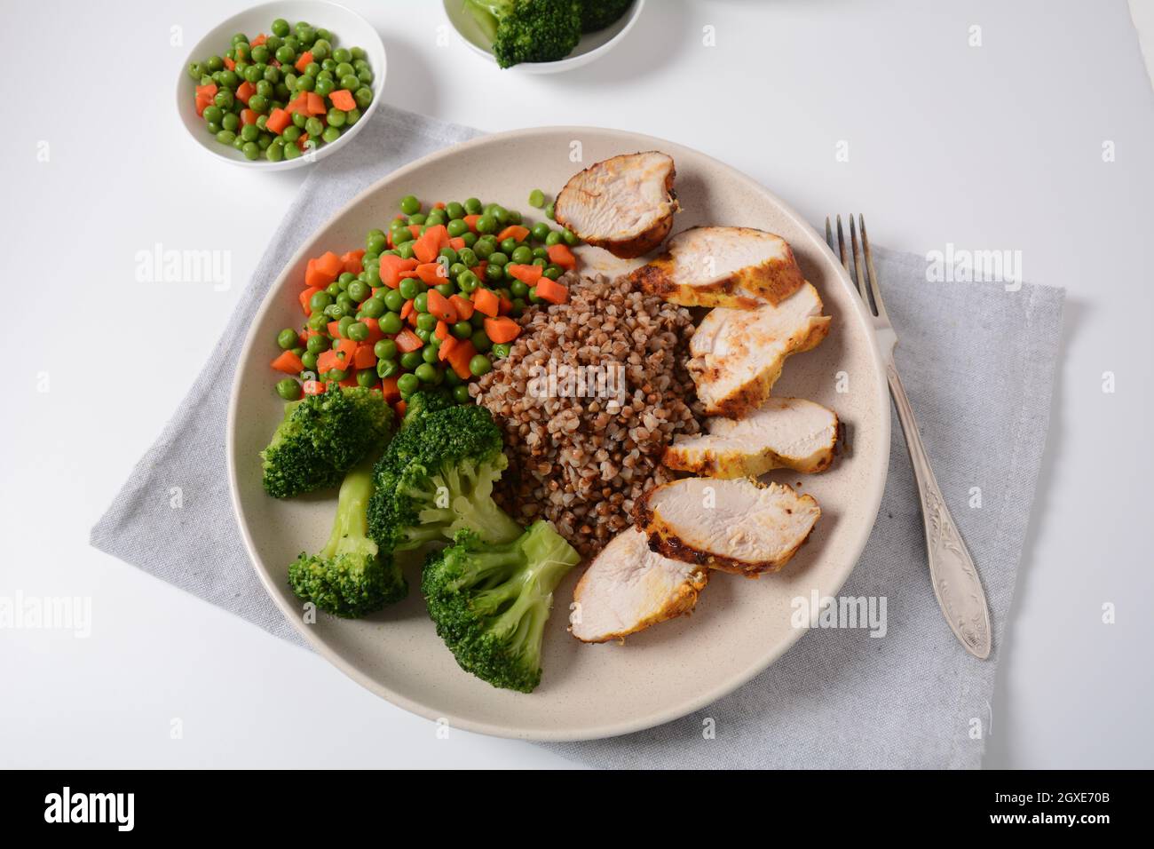 Fillet Breakfast Healthy breakfast. Tasty buckwheat porridge, grilled chicken fillet and ...