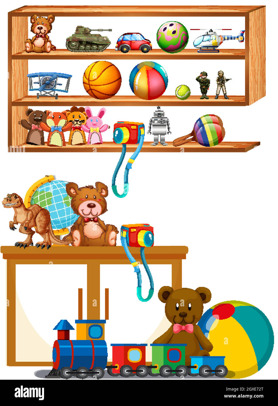 Many toys on the wooden shelves Stock Vector