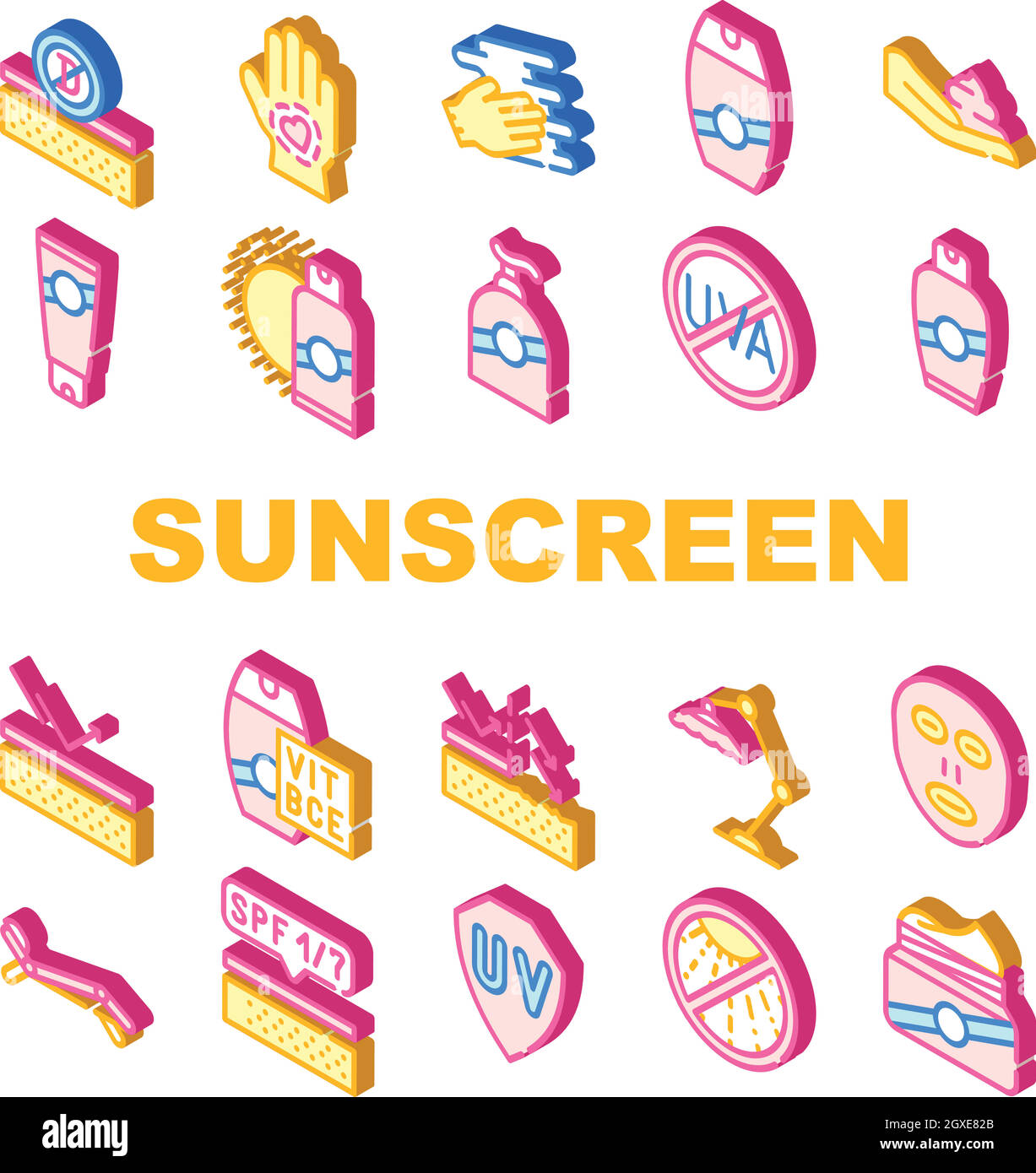 Sunscreen Protection Collection Icons Set isolated illustration Stock